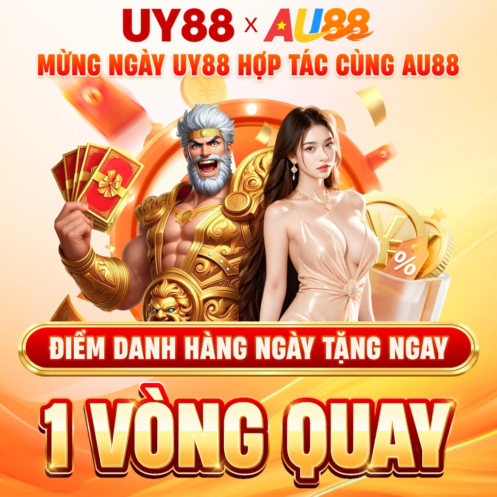 Banner mobi mừng ngày UY88 hợp tác cùng AU88 điểm danh hàng ngày tặng ngay 1 vòng quay